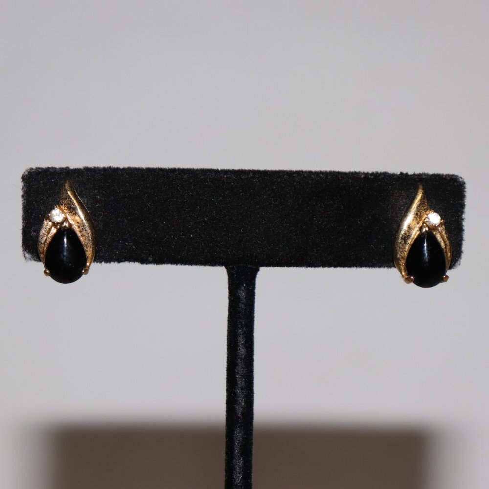 💛🖤 Vintage Gold & Black Post Earrings w/ Single CZ · 5/8" Tall · elegant class